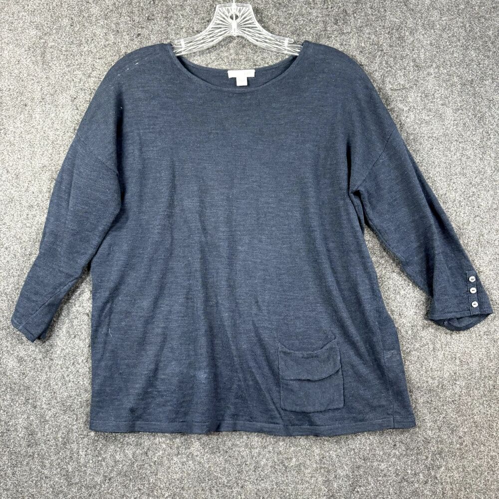 J Jill Shirt Women’s Extra Small Navy Blue ¾ Sleeve Linen Blend